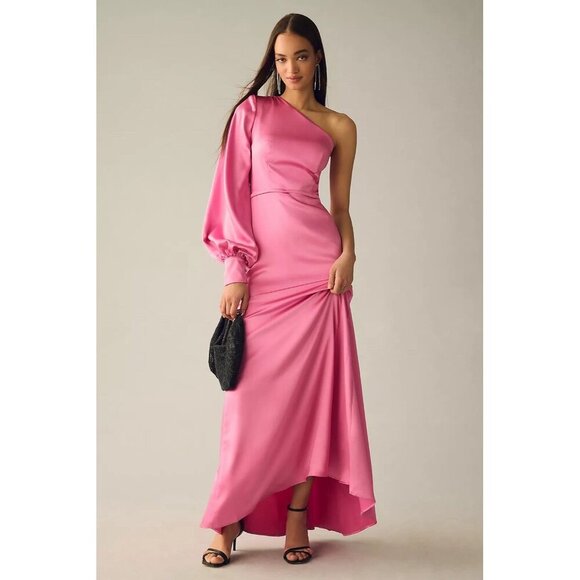 New MAC DUGGAL Size 4 Pink 26712 ONE SHOULDER BISHOP SLEEVE SATIN Formal GOWN - Picture 1 of 11